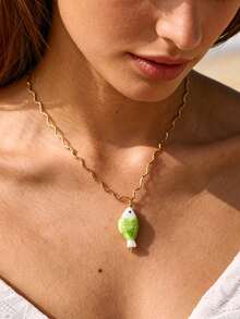 1pc Cute Women's 18K Gold Stainless Steel Fish Pendant Necklace, Wave Chain Green Fish Pendant Ocean Beach Jewelry, Waterproof Summer Y2K Style Gift, Bohemian Style - Gold - View 4