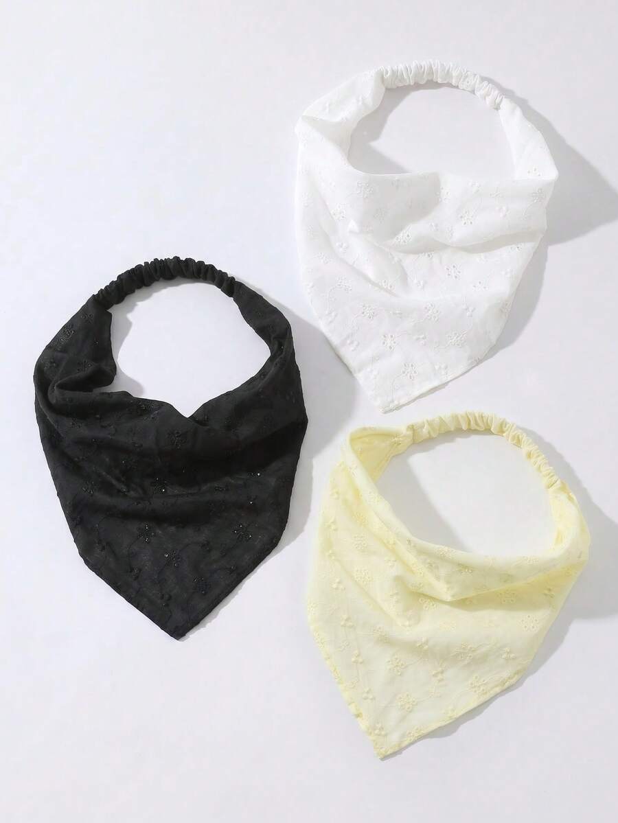 3件組女款時尚刺繡捲邊髮箍頭巾,適合日常與度假使用 - 黑+白+黃色 - 查看 1
