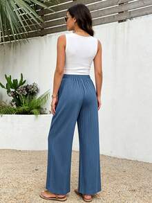 Women's Solid Blue Textured Elastic Waistband Faux Drawstring Side Pocket Wide Leg Casual Loose Full Length Pants - Lake Blue - View 4