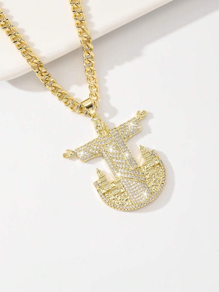 1PC Women's Christ Savior Statue Pendant Necklace, 14K Gold Plated Copper Material Inlaid With Zirconia, City Architecture Relief 3D Jesus Figure Design Paired With Cuban Chain, Suitable For American Street Hip-Hop Style/Birthday/Valentine's Day/Christmas/Easter/New Year Faith Gift Accessory For Men And Women
