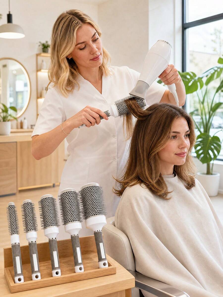 1PC Round Curling Brush, Lightweight Aluminum Vented Barrel, Anti-Static Styling Tool For Beach Waves & Bouncy Curls, All Hair Types, Summer Holiday & Back To School - Grey - View 1