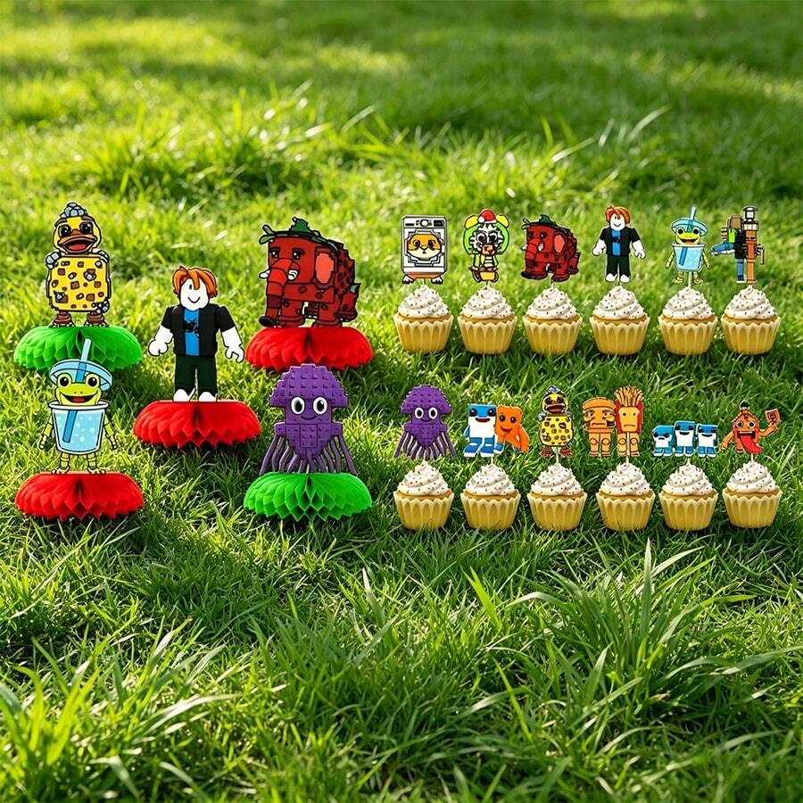 Roblox 17pcs Roblo Cartoon Honeycomb Centerpiece And Cupcake Toppers, Pixel Game Character Table Decor, Paper Honeycomb Party Decorations, Children's Birthday Party Table And Cake Decor Supplies - A - View 1