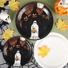 20/30/50-Piece Set Of 7/9 Inch Halloween Disposable Paper Plates, Moon Night Ghost Pumpkin Forest Print, Haunted Tree Bat Design, Vintage Halloween Party Tableware, Party Decor, Dinner Table, Home Gathering - Multicolor - View 4