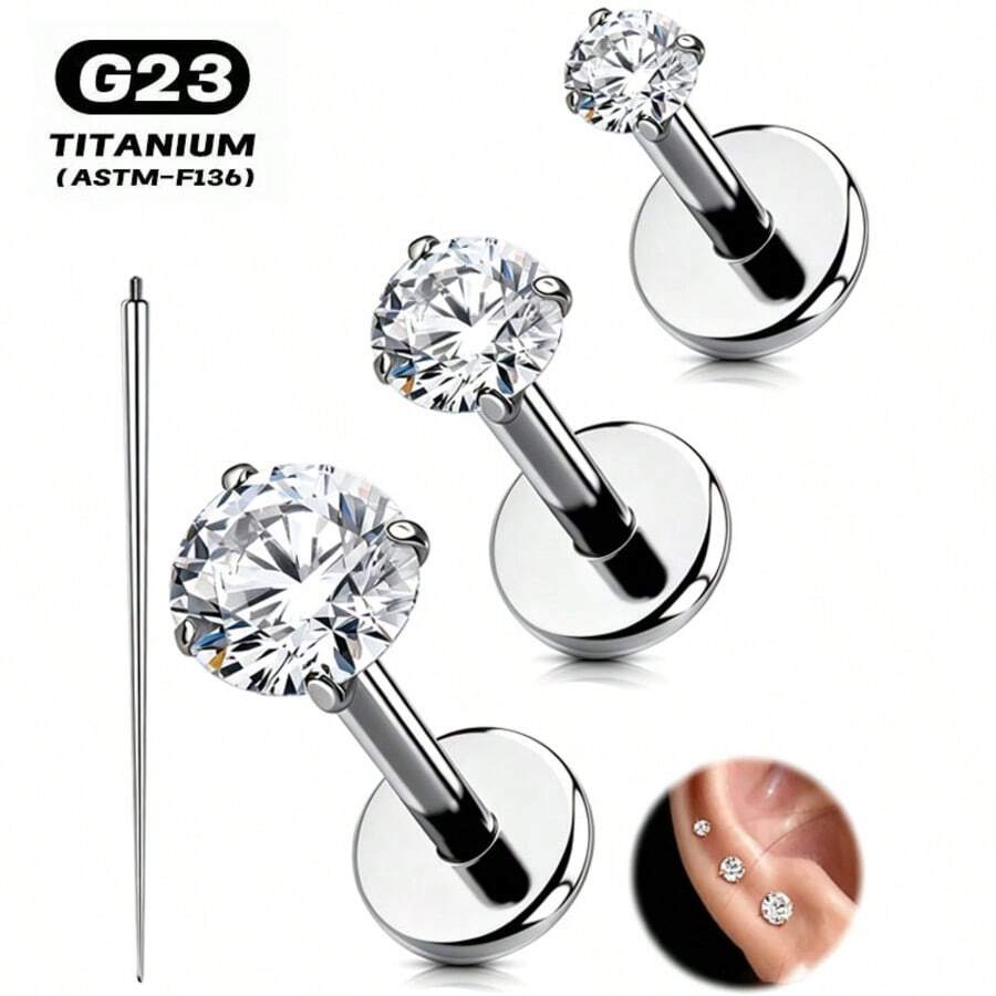 4Pcs Sets G23 Flat Back Cartilage Ear Rings Titanium Alloy Extended Internally Threaded Lip Piercing 2/3/4MM Helix Piercing Jewelry - Silver - View 1