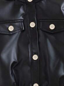Baby Girl Autumn Black Motorcycle Jacket With Stand Collar And Metal Buttons, Cool And Cute Solid Color Outerwear For Daily Winter Wear - Black - View 4