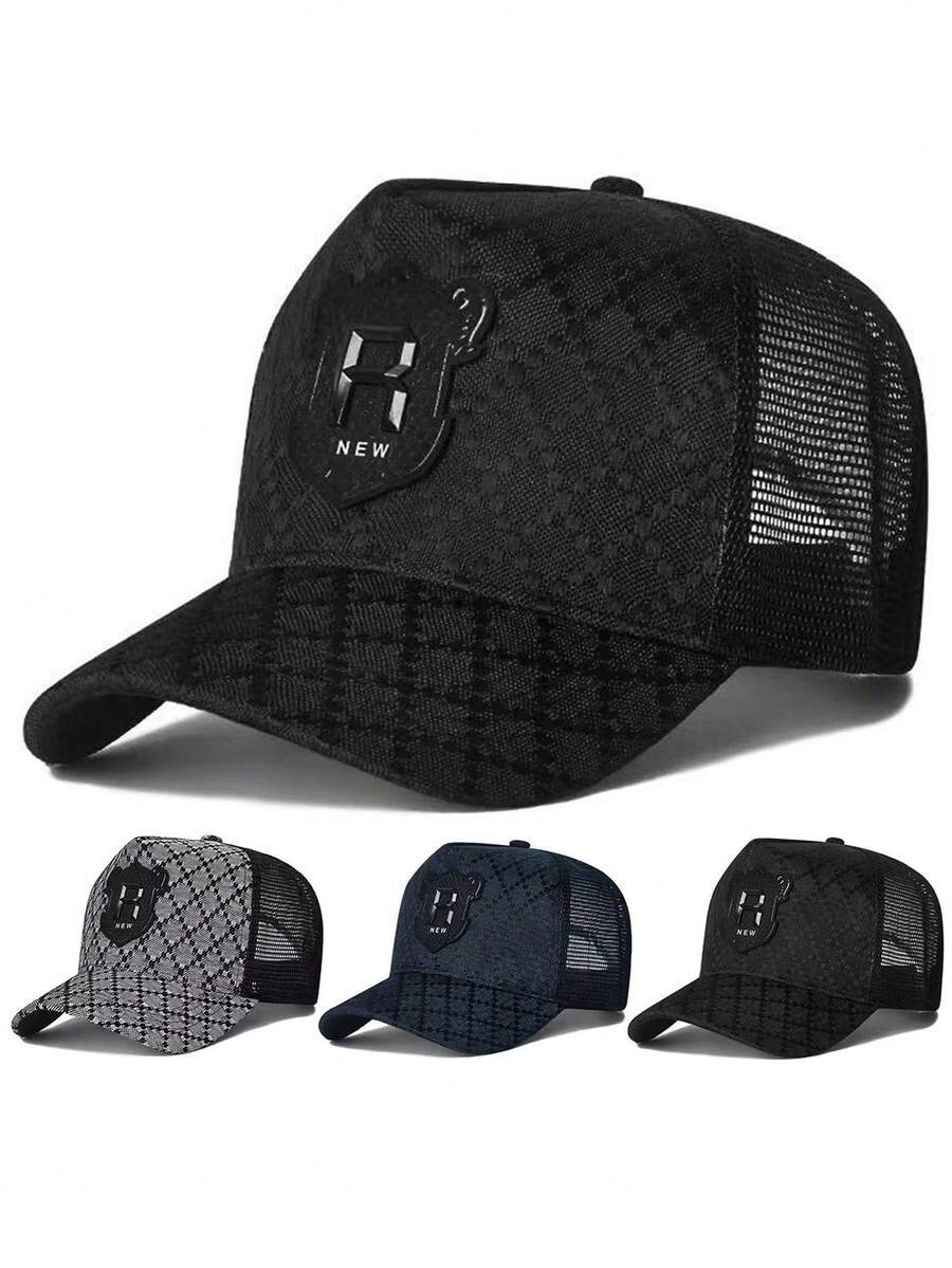 Unisex Plaid Mesh Trucker Hat, R Letter Rubber Patch Decor Adjustable Breathable Outdoor Baseball Cap - R-net Cap - View 1