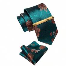 Set Dasi Pria Motif Bunga Oranye Kehijauan 5 Buah dengan Aksesoris Lengkap, Mewah untuk Resepsi Pernikahan, Acara Bisnis, dan Hadiah - Teal Blue - View 3