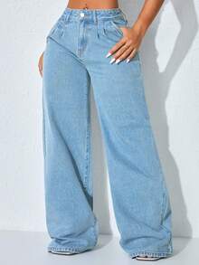 Low Waist Wide Leg Casual Blue Slant Pocket Curved Women Jeans Fall - Mint Blue - View 6