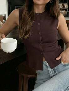 Women's Summer Sleeveless Casual Knit Top With Button Design, Fashionable And Elegant, Essential For Work, Daily Wear And Outings - Brown - View 7