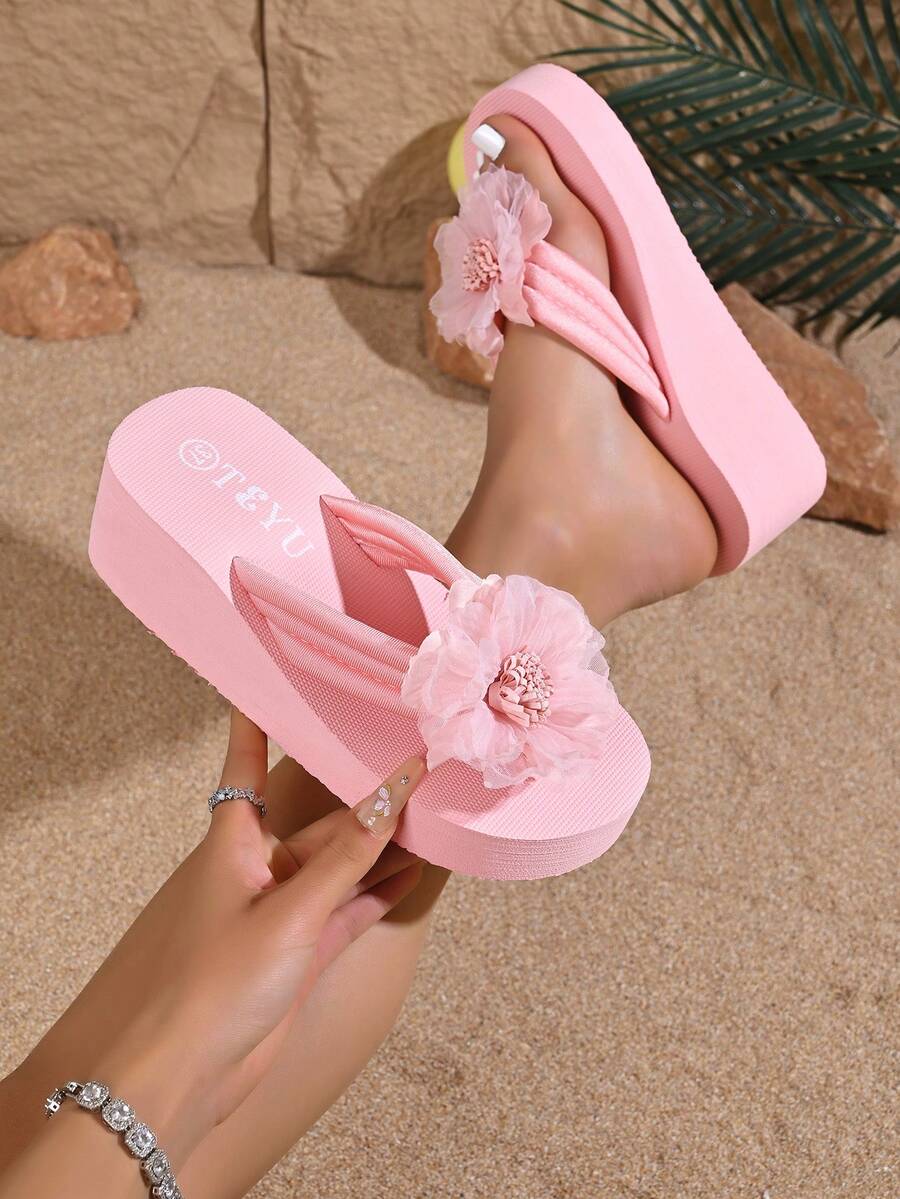 Sandal Jepit Pantai Sol Tebal Model Baru Musim Semi/Panas untuk Wanita dengan Motif Bunga - Berwarna merah muda - View 1