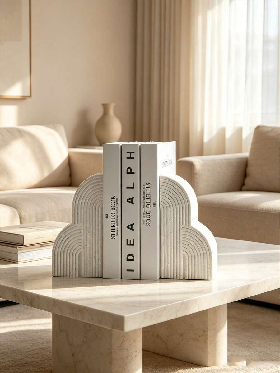 Resin Arched Cloud Bookends, Modern Geometric Shaped Bookends Decor, Non-Slip And Durable, Minimalist Aesthetic Desktop Ornament, Suitable For Living Room Coffee Table, Study Bookshelf, Office Desk, Library Bookshelf, Neutral Tone Home Decor, Can Be Used To Store Novels And Magazines, Perfect Housewarming Gift For Book Lovers, Abstract Line Texture Desktop Display Ornament