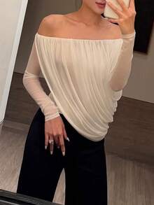 Women's Off The Shoulder Knitted Semi-Sheer Top With Asymmetrical Hem, Long Sleeve Regular Fit For Fall Outfits - White - View 2