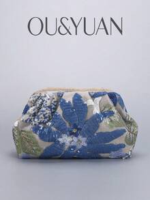 亮片刺繡花卉抓皺女款休閒手拿包，時尚華麗晚宴包，適合度假、派對與通勤 - 藍色 - 查看 2