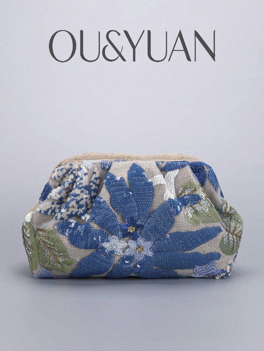 亮片刺繡花卉抓皺女款休閒手拿包，時尚華麗晚宴包，適合度假、派對與通勤