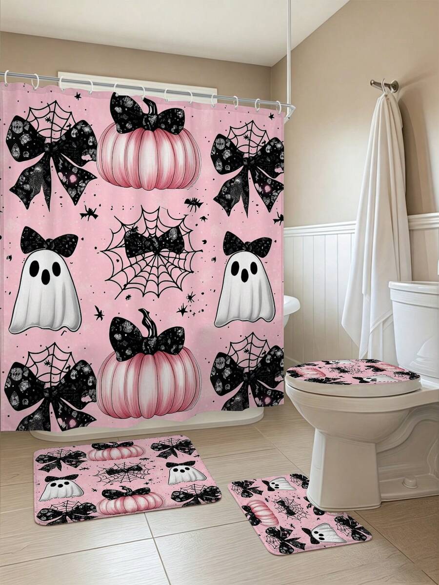 1/3/4 piezas Juego de baño de Halloween con lazo rosa, calabaza y fantasma, incluye cortina de ducha, alfombra de baño en forma de U, alfombra antideslizante, tapa de inodoro y 12 ganchos. Resistente al moho, tela de poliéster, tamaño de la cortina de ducha (72"X72", 35.4"X72", 47.2"X72", 59"X72") y juego a juego, decoración de baño, vacaciones, esencial de viaje.