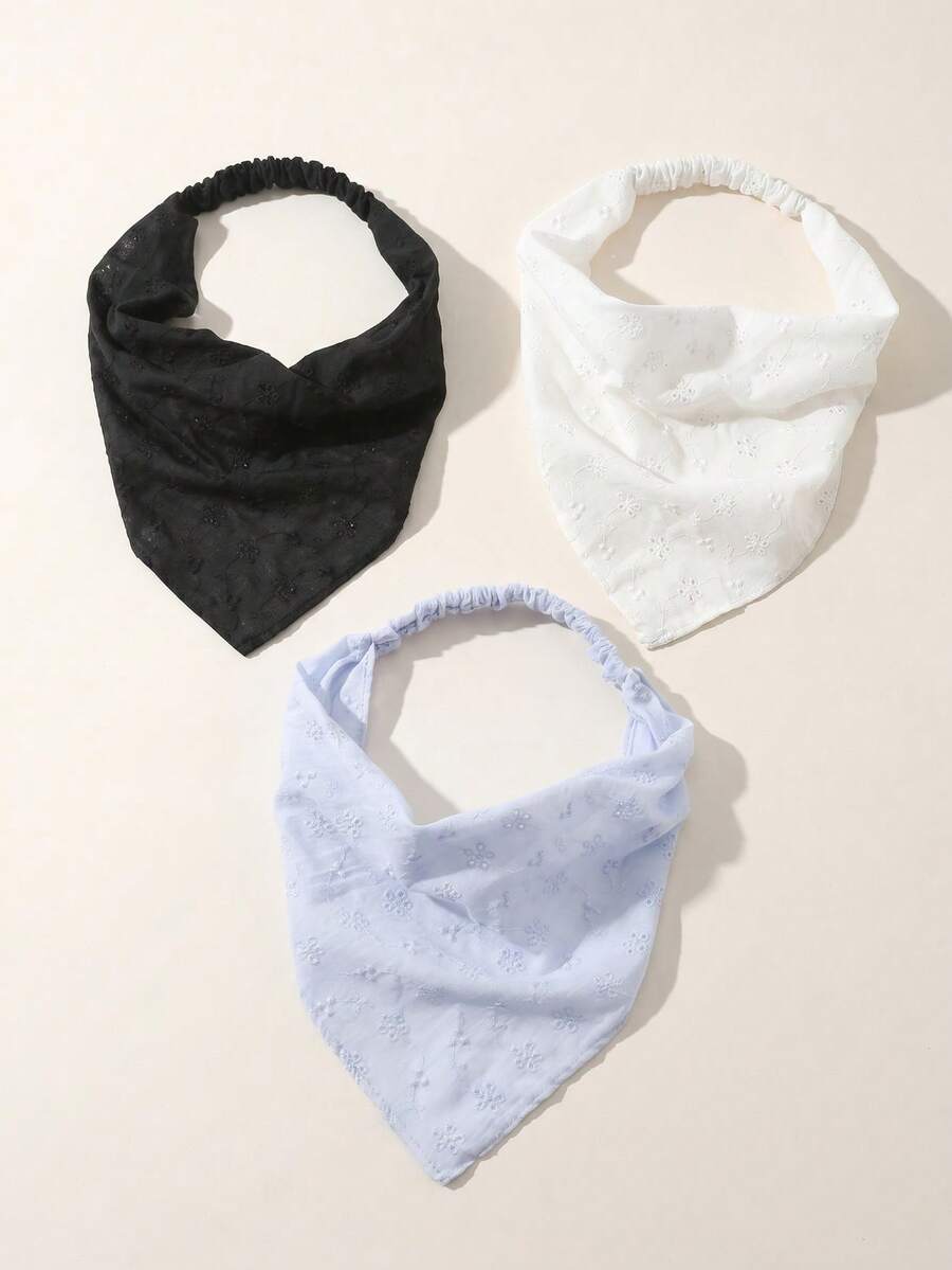 3件組女款時尚刺繡捲邊髮箍頭巾，適合日常與度假使用 - 黑+白+藍色 - 查看 1