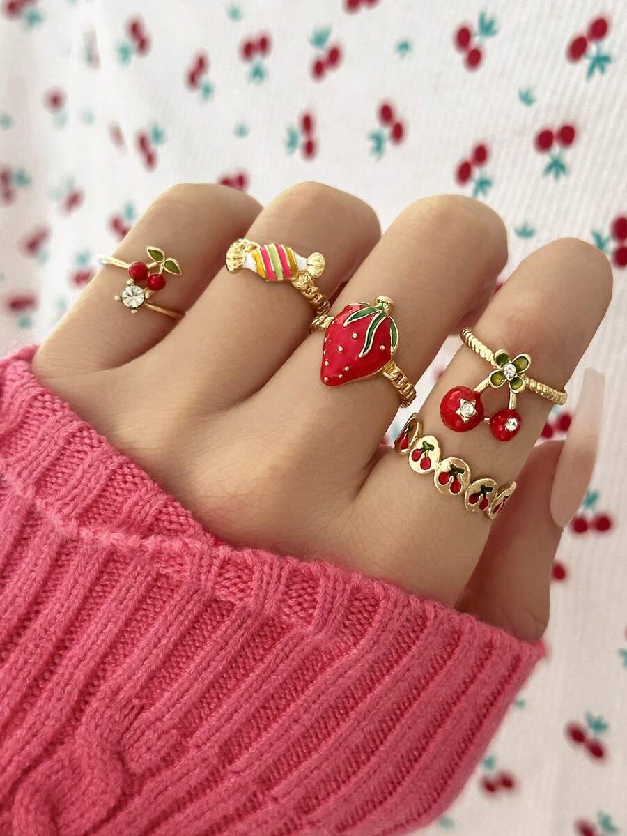 5PCS Vintage Gold-Tone Faux Enamel Strawberry Rings, Cute Fruit Element Cherry Strawberry Rhinestone Drip Glaze Ring Set For Women - Gold - View 1