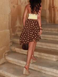 Women's Casual Polka Dot Asymmetric Skirt, Elegant Fashion Party Style, Polyester Mid-Stretch Skirt - Brown - View 2