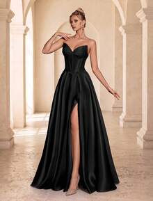 VIPGIRL Women's Solid Color Strapless Slit Pleated Elegant Cinched Waist Evening Dress - Black - View 8