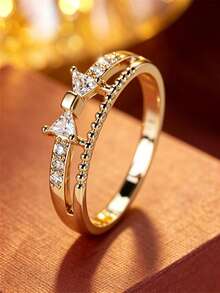 1pc Fashionable Cute Double Bow Hollow Ring, Double Layer Separated Band With Beaded Chain Texture Design, Slender Finger-Flattering Versatile Luxury Decorative Ring For Women - Ring - View 12