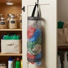 Suporte Organizador De Sacolas E Embalagens Dispenser De Cozinha Prático Puxa Saco De Parede Em Rede De Nylon Respirável Para Pendurar E Economizar Espaço - Cinza - Visão 3