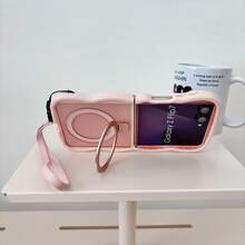 2pcs Cute Wavy Edge Matte Magnetic Phone Case Compatible With Samsung Galaxy Z Flip 8 Flip 6 Flip 5 Flip 4 , Rotatable Metal Ring Kickstand With Matching Hand Strap Shockproof Foldable Wireless Charging Protective Cover - Pink - View 2