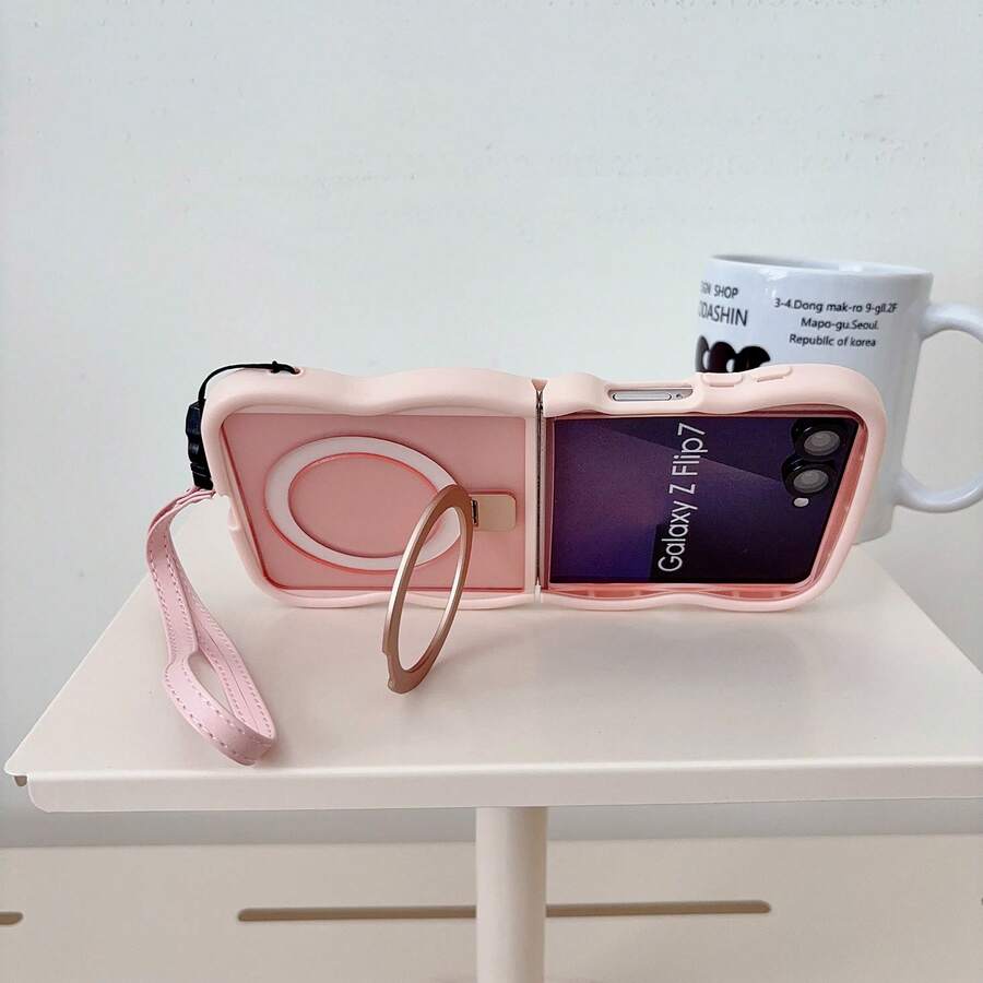 2pcs Cute Wavy Edge Matte Magnetic Phone Case Compatible With Samsung Galaxy Z Flip 8 Flip 6 Flip 5 Flip 4 , Rotatable Metal Ring Kickstand With Matching Hand Strap Shockproof Foldable Wireless Charging Protective Cover