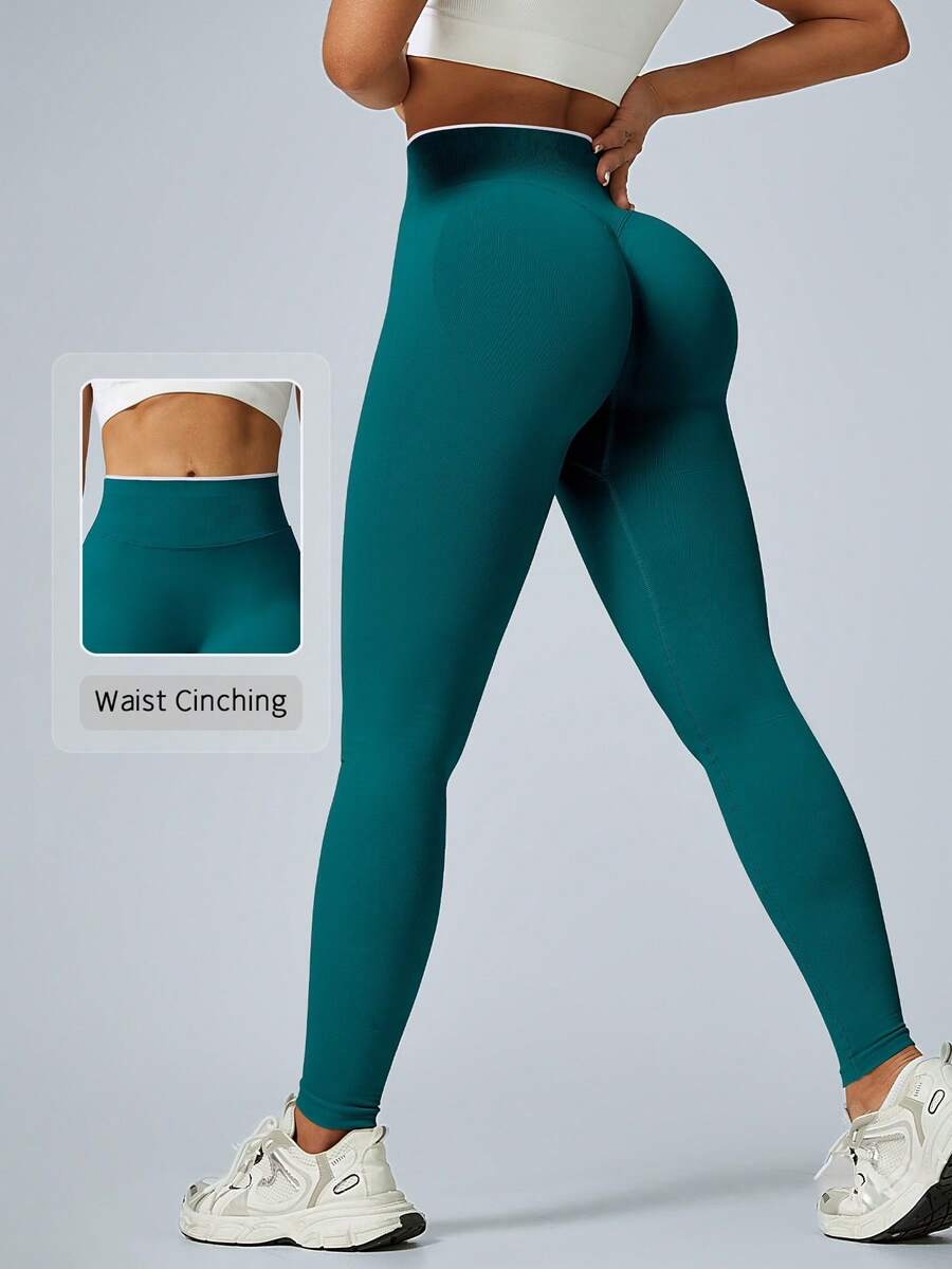 NcmRyu Women's 1pc Contrast Color White Trim Seamless Waist-Cinched Butt-Lifting Sports Leggings - Green - View 1