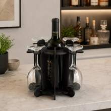 Adega de Vinho Preta com Suporte para 4 Taças em MDF 4 mm para Bancada Mesa Jantar Festa e Presente - Multicolorido - Visão 1