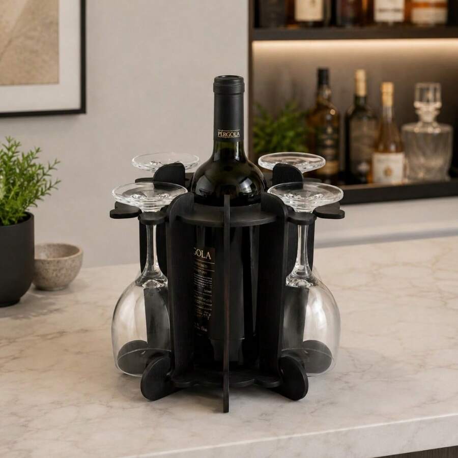 Adega de Vinho Preta com Suporte para 4 Taças em MDF 4 mm para Bancada Mesa Jantar Festa e Presente - Multicolorido - Visão 1