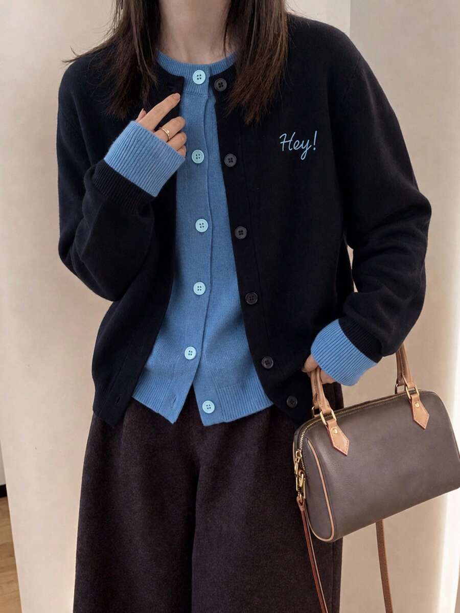 Women's Autumn/Winter Casual Minimalist Colorblock 2 In 1 Knit Round Neck Cardigan Jacket Fall - Navy Blue - View 1