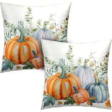 2pcs Watercolor Pastel Pumpkin Throw Pillow Covers, Eucalyptus Maple Leaf Fall Floral Cushion Cases, Neutral Farmhouse Thanksgiving Sofa Decor Without Pillow Insert - Orange and Mint Green - View 6