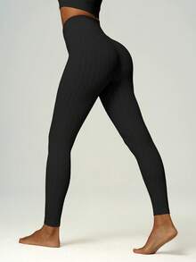 UONNOU 2pcs Women's Sports Shaping Set, Wheat Ribbed Zipper Long Sleeve Cropped Top & High Waist Tummy Control Butt Lifting Leggings - Black - View 5