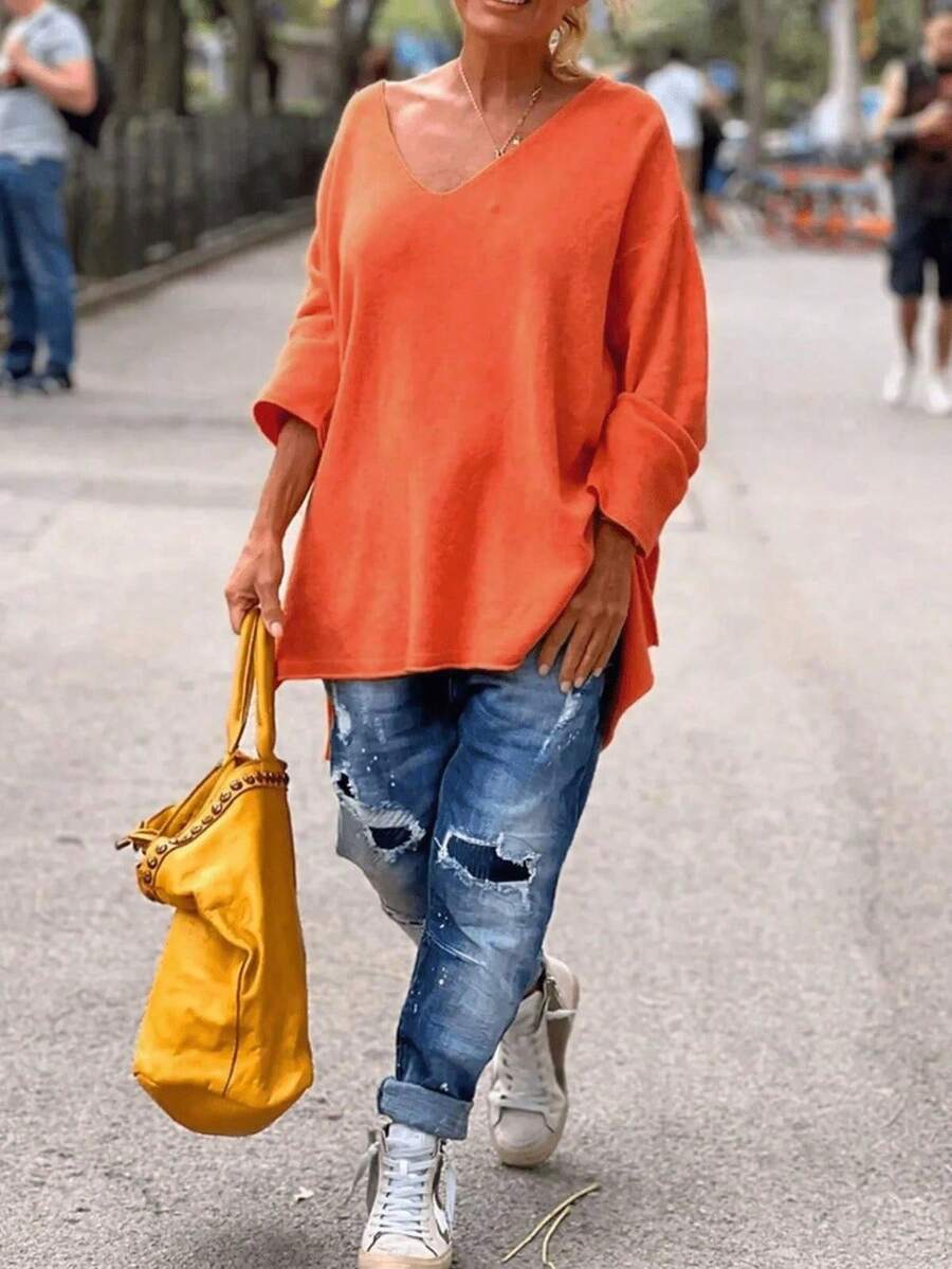 1pc V-Neck Knit Top, Front Short Back Long Hem With Slit, Suitable For Spring, Autumn, Winter