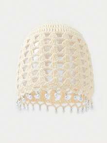 Bohemian Style Handmade Crochet Hollow Swirl Hat, Women's Pearl Decorated Soft Knitted Headscarf, Lightweight Breathable Knitted Cap, Suitable For Daily Wear And Chemotherapy - A - View 8