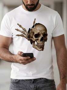 Plus Size Men's T-Shirt With 3D Skull Print - Casual Short Sleeve, Stretchy Fabric, Suitable For Summer And Outdoor Activities - White - View 1
