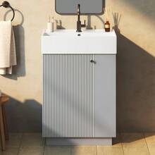 55 Cm Freestanding Bathroom Vanity With Ribbed Wood-Look Finish, High-Quality Ceramic Sink, Removable Toilet Paper Holder, And Thoughtful Storage – Without Faucet, Grey - 灰色 - 查看 4