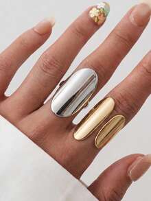 2件裝時尚個性簡約幾何金屬多色開口戒指，適合女性日常、派對與聚會搭配 - 彩色 - 查看 3