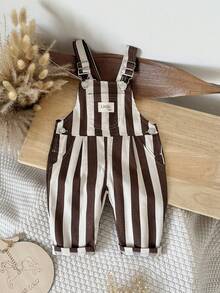 Baby Girls Vintage Brown & White Vertical Striped Overalls, Adjustable Shoulder Straps, Rolled Hem Casual Long Pants - Coffee Brown - View 2