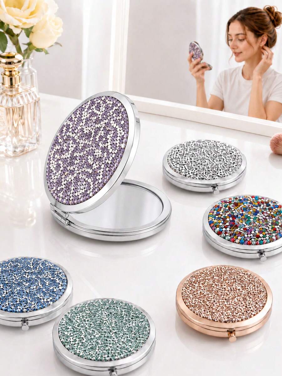 1 chiếc gương trang điểm gấp gọn cầm tay đính đá pha lê, gương tròn hai mặt phẳng và phóng đại, gương mini nhỏ gọn độ nét cao, đồ dùng du lịch thiết yếu, gương đi học - Nhiều màu - Xem 1