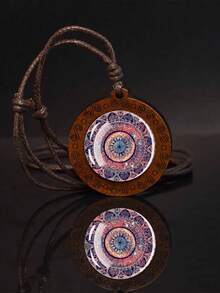 1PC Vintage Mandala Pattern Round Glass Wood Pendant Necklace - Brown - View 9