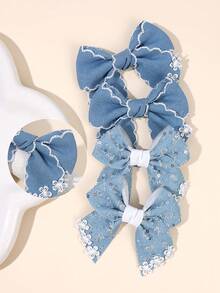 4pcs/2pcs Blue Minimalist Bow Hair Clips, Denim Fabric Floral Print, Glitter Sequin Hair Clips, Hair Accessories Gift For Kids And Teenagers For Kids Daily School Wear - Multicolor - View 6