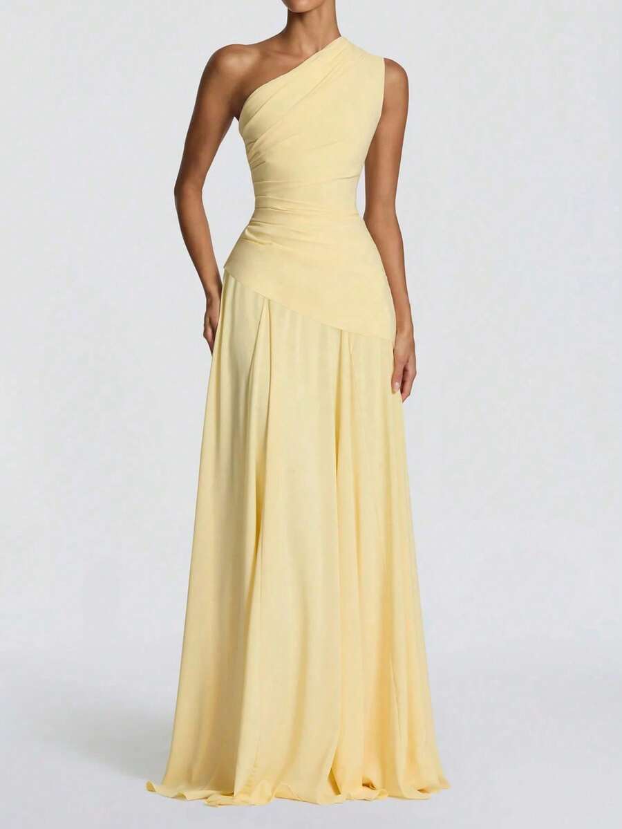 Women's Solid Color One Shoulder Ruched Elegant Waist-Cinching Bridesmaid Dress Wedding Yellow Fall - Yellow - View 1