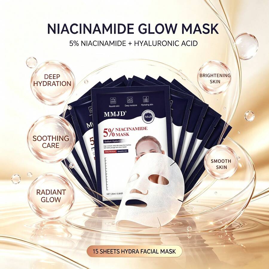 MMJD 15pcs 5% Niacinamide Brightening Face Mask Hyaluronic Acid Deep Hydrating Sheet Mask Calm Dry Sun-Stressed Skin Improve Uneven Tone Smooth Skin Radiant Glow Facial Treatment Perfect For Dry Arabian Climate For Men Women All Skin Tones