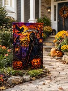 1 pieza Bandera de jardín de lino de Halloween, con estampado de vidriera de la parca, calabaza, cuervo, luna llena, puerta del cementerio y telaraña, con funda para poste, decoración gótica para exteriores para césped, porche, patio, camino, casa embrujada y decoración de fiesta de Halloween - Multicolor - Ver 3