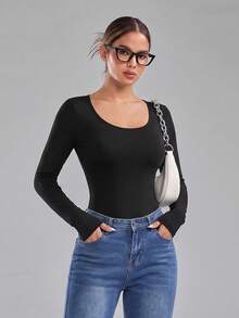 imisic Sexy Long Sleeve Round Neck Hollow Back Design Women's Bodysuit. Essential For Going Out, A Body-Shaping Style. Tight-Fitting Round Neck Long Sleeve Bodysuit, Suitable For Sports, Home And Daily Activities - Black - View 3