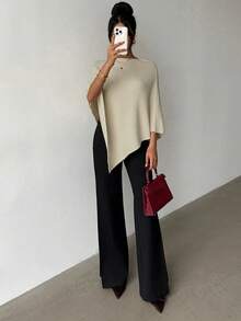 Women's Casual Commuting Simple Solid Color Poncho Sweater, Autumn/Winter Spring - Yellow - View 6