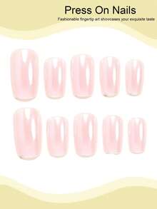 24pcs Medium Square Press-On Nails, Minimalist Fresh Light Pink Pearl Glossy Classic Elegant Pearlescent Design Pink Nails, Includes 1 Sheet Jelly Glue And 1 Nail File (Jelly Glue Randomly Shipped), Suitable For Women And Girls For Daily, Dating, Party And Other Occasions - Baby Pink - View 3