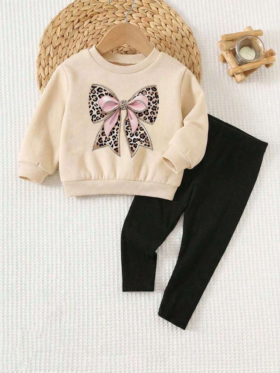 Baby Girl Cartoon Bow Print Round Neck Long Sleeve Top And Leggings - Apricot - View 1