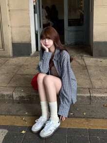 Blue Plaid Shirt Spring New Versatile Loose Slouchy Sun Protection Cardigan High-End Casual Top - Blue - View 2